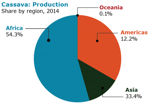 A pie chart of 2014 relative percentages of production in Africa (54.3%, blue area), in Asia (33.4%, black area), in the Americas (12.2% orange area) and in Oceania (0.1% gray line).