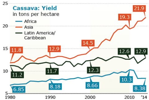 Graph shows increasing yields - Asia has the highest numbers ( up to 21.9; orange line), Latin America and Caribbean (12.9, black line), and Africa (up to 10.3, turqouise line).