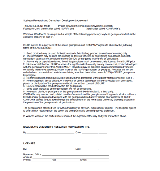 Scan of a document for germplasm development, with contract language and license for use.