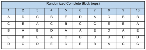 A polycross field arrangement of five clones in an RCBD layout.